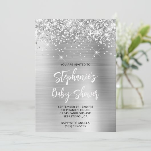 Glittery Silver Glam Online Registry Baby shower Kaart (Staand voorkant)