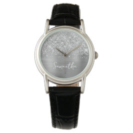 Glittery Silver Glam White Name Horloge