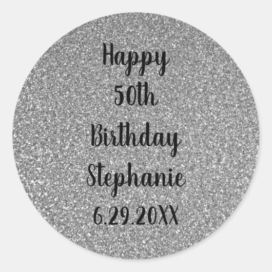 Glittery Silver Gray, aangenaam, Happy Birthday na Ronde Sticker (Voorkant)