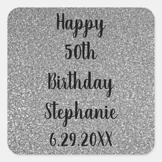 Glittery Silver Gray, aangenaam, Happy Birthday na Vierkante Sticker (Voorkant)