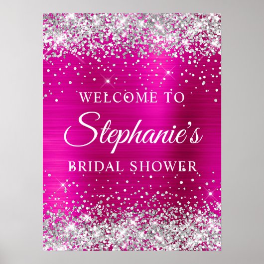 Glittery Silver Hot Pink Foil Bridal Shower Poster (Voorkant)