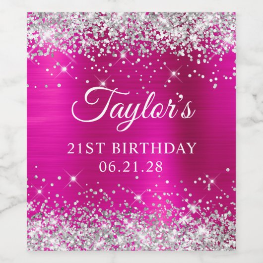 Glittery Silver Hot Pink Folie 21ste verjaardag Wijn Etiket (Enkel label)