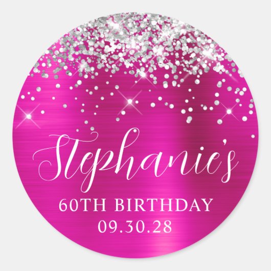 Glittery Silver Hot Pink Folie 60e Verjaardag Ronde Sticker (Voorkant)