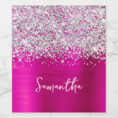 Glittery Silver Hot Pink Glam Script Name Wijn Etiket (Enkel label)
