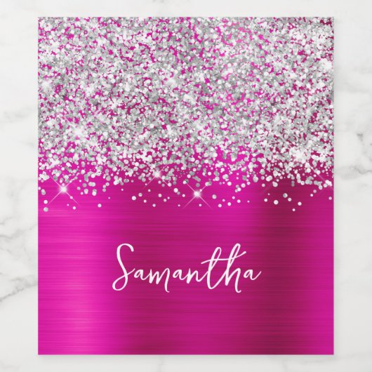Glittery Silver Hot Pink Glam Script Name Wijn Etiket (Enkel label)