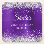 Glittery Silver Indigo Paarse Folie 21ste verjaard Kartonnen Onderzetters (Voorkant)