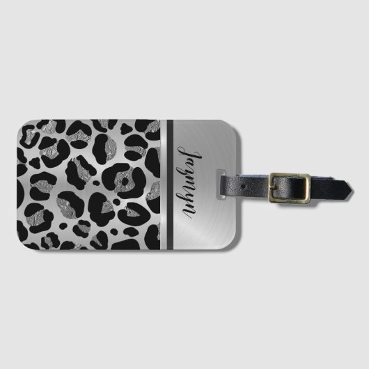 Glittery Silver Leopard Safari Print Bagagelabel (Voorkant (horizontaal))