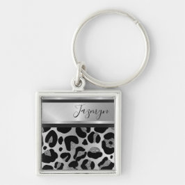 Glittery Silver Leopard Safari Print gepersonalise Sleutelhanger