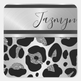 Glittery Silver Leopard Safari Print gepersonalise Vierkante Sticker