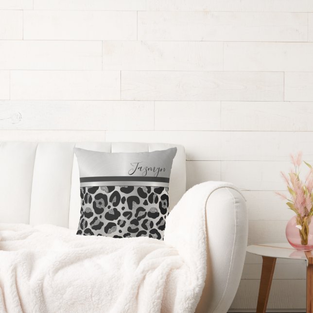 Glittery Silver Leopard Safari Print Kussen (Bank)
