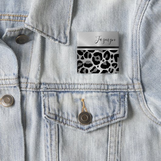 Glittery Silver Leopard Safari Print Vierkante Button 5,1 Cm (In situ)
