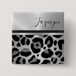 Glittery Silver Leopard Safari Print Vierkante Button 5,1 Cm