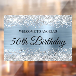 Glittery Silver Light Blue 50th Birthday - Welkom Raamsticker