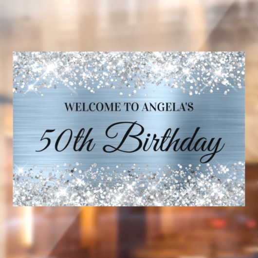Glittery Silver Light Blue 50th Birthday - Welkom Raamsticker (Vel 2)
