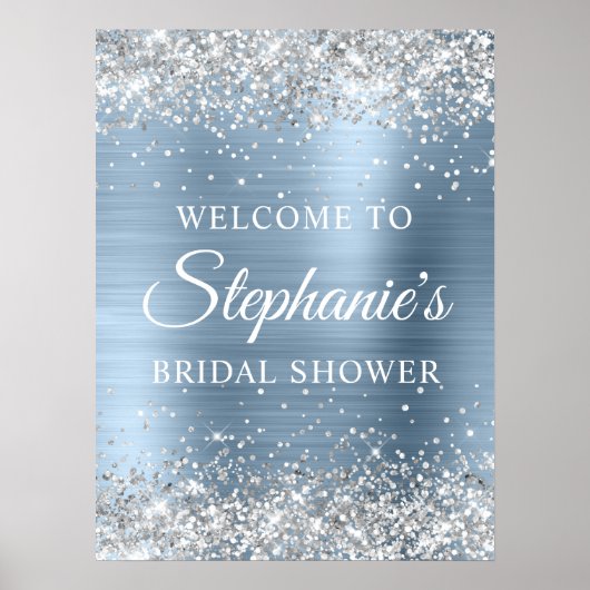 Glittery Silver Light Blue Foil Bridal Shower Poster (Voorkant)