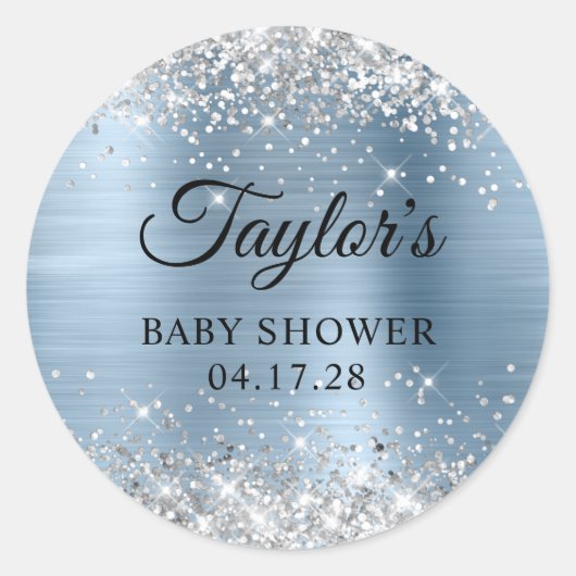 Glittery Silver Light Blue Folie Baby shower Ronde Sticker (Voorkant)