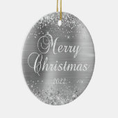 Glittery Silver Merry-kerstfamilie Foto Keramisch Ornament (Rechts)