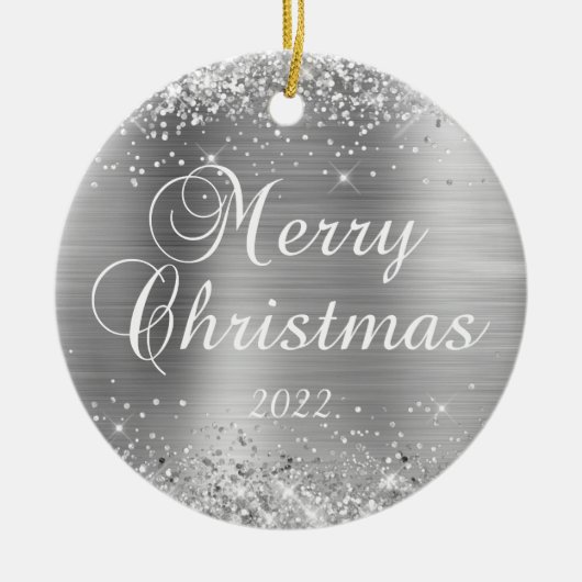 Glittery Silver Merry-kerstfamilie Foto Keramisch Ornament (Voorkant)