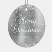 Glittery Silver Merry-kerstfamilie Foto Keramisch Ornament (Links)