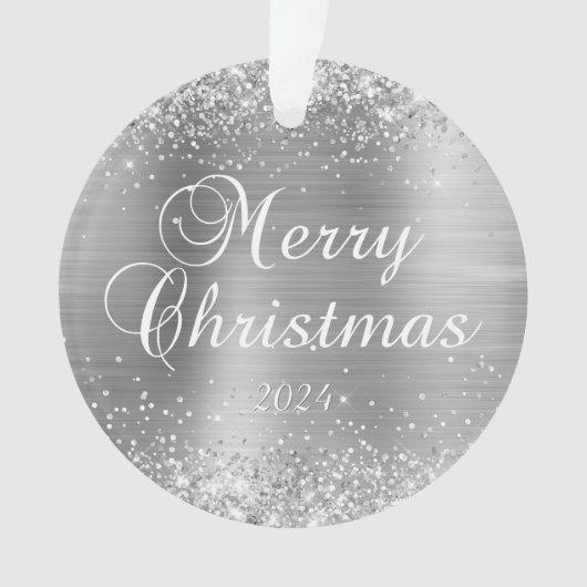 Glittery Silver Merry-kerstfamilie Foto Ornament (voorkant)