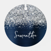 Glittery Silver Navy Blue Glam Name Metalen Ornament (Achterkant)