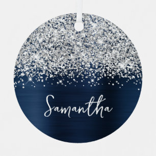 Glittery Silver Navy Blue Glam Name Metalen Ornament