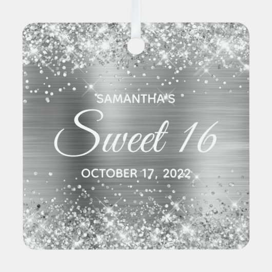 Glittery Silver Ombre Folie Sweet 16 Metalen Ornament (Voorkant)