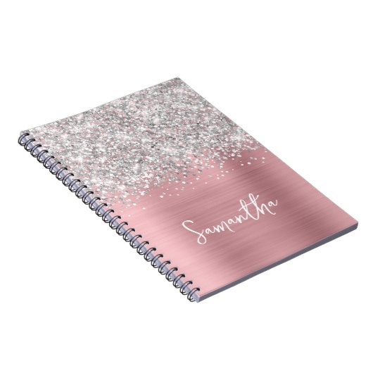 Glittery Silver Pink Blush Glam Script Naam Notitieboek (Rechterzijde)