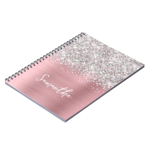 Glittery Silver Pink Blush Glam Script Naam Notitieboek (Linkerzijde)