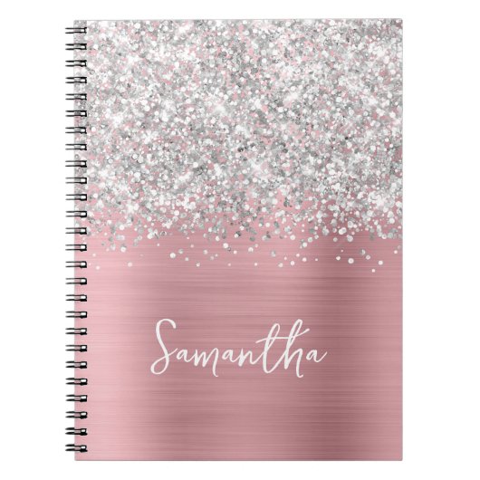 Glittery Silver Pink Blush Glam Script Naam Notitieboek (Voorkant)