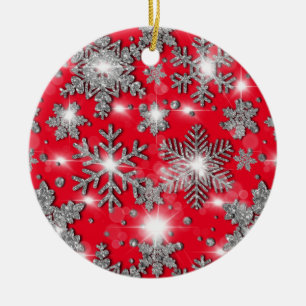 Glittery Silver Red festive sneeuwvlokpatroon Keramisch Ornament