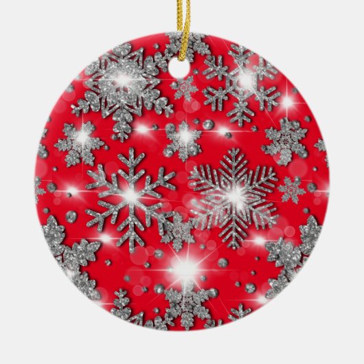 Glittery Silver Red festive sneeuwvlokpatroon Keramisch Ornament (Voorkant)