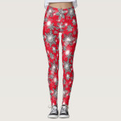 Glittery Silver Red festive sneeuwvlokpatroon Leggings (Voorkant)