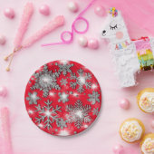 Glittery Silver Red festive sneeuwvlokpatroon Papieren Bordje (Feest)