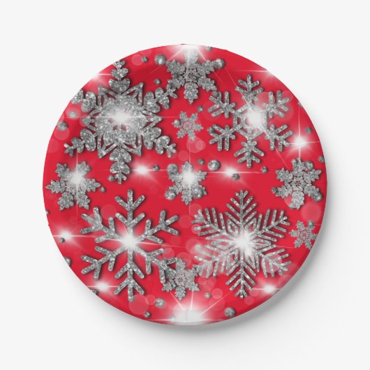 Glittery Silver Red festive sneeuwvlokpatroon Papieren Bordje (Voorkant)