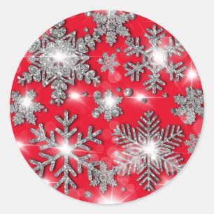 Glittery Silver Red festive sneeuwvlokpatroon Ronde Sticker