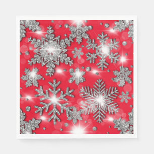 Glittery Silver Red festive sneeuwvlokpatroon Servet