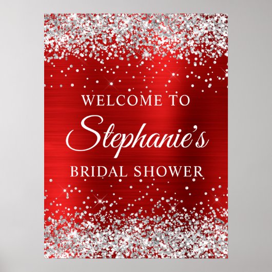 Glittery Silver Red Foil Bridal Shower Welcome Poster (Voorkant)