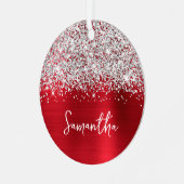 Glittery Silver Red Glam Name Metalen Ornament (Voorkant links)
