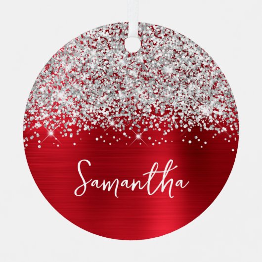 Glittery Silver Red Glam Name Metalen Ornament (Voorkant)