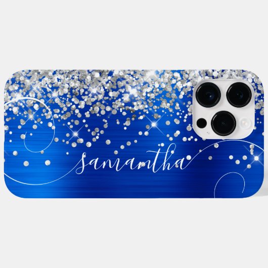 Glittery Silver Royal Blue Glam Curly Signature Case-Mate iPhone Case (Achterkant (horizontaal))