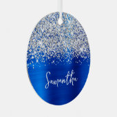 Glittery Silver Royal Blue Glam Name Metalen Ornament (Voorkant Rechts)