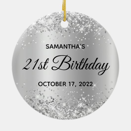 Glittery Silver Shimmer Ombre 21st Birthday Keramisch Ornament (Achterkant)