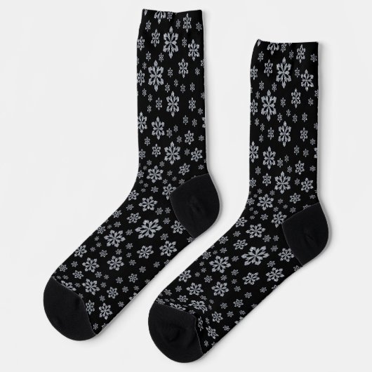 Glittery Silver Snowflake Pattern op Black Sokken (Links)