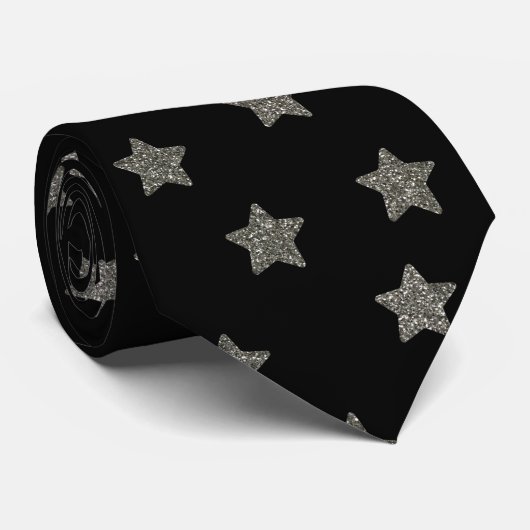 Glittery Silver Stars Patroon Stropdas (Opgerold)