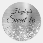 Glittery Silver Sweet 16 Ronde Sticker (Voorkant)