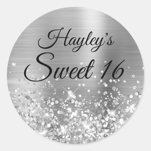 Glittery Silver Sweet 16 Ronde Sticker (Voorkant)