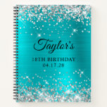 Glittery Silver Turquoise Blue Folie 18th Birthday Notitieboek<br><div class="desc">Creëer uw eigen 18e verjaardagsontwerp op een leeg notitieboek. Meisjes faux sparkly Silver Glitter op de boven- en onderrand, over een faux turquoise blue brush metal stijl ombre folie. Pas de lettertypestijlen aan om je eigen gastenboek te creëer en haar speciale viering. Een klassieke elegante kalligrafie die met een al...</div>