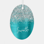 Glittery Silver Turquoise Blue Glam Name Metalen Ornament (Voorkant Rechts)