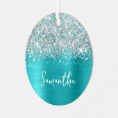 Glittery Silver Turquoise Blue Glam Name Metalen Ornament (Voorkant links)